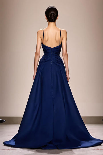 Dark Blue Spaghetti Straps Satin A Line Maxi Formal Dress